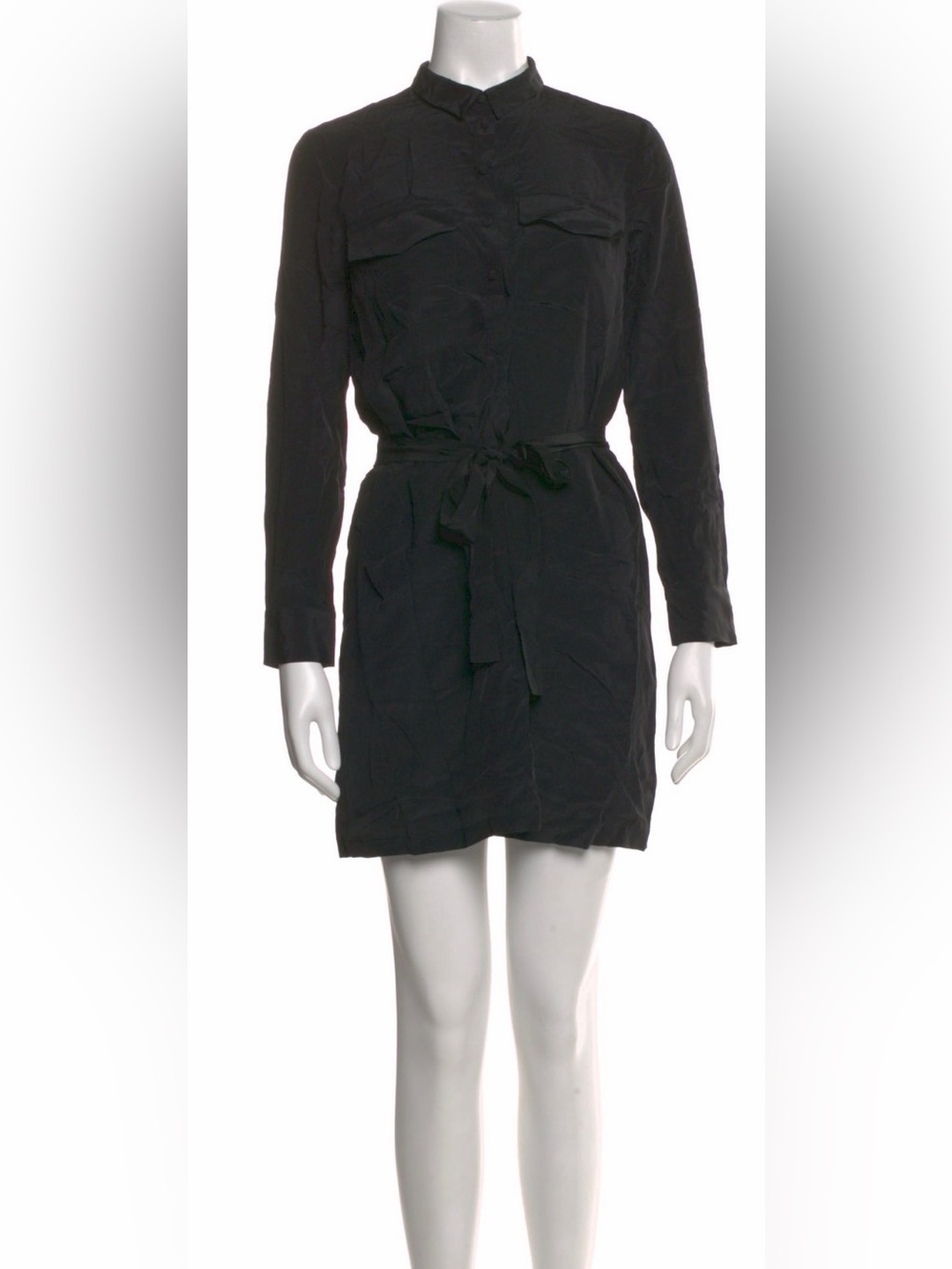 Sezane Black Long-Sleeve Shirt Dress with Tie Waist